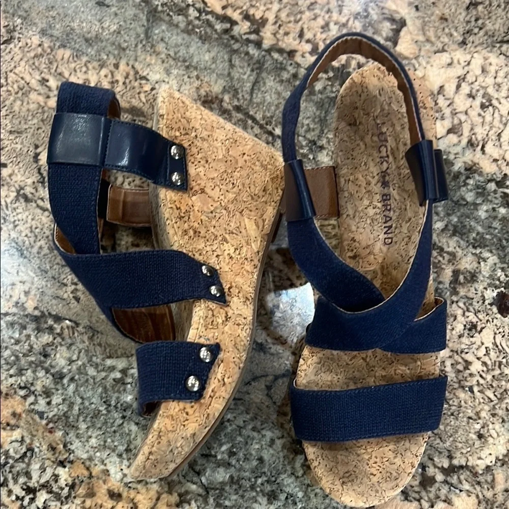 Lucky Brand Blue and Tan Wedge Sandals